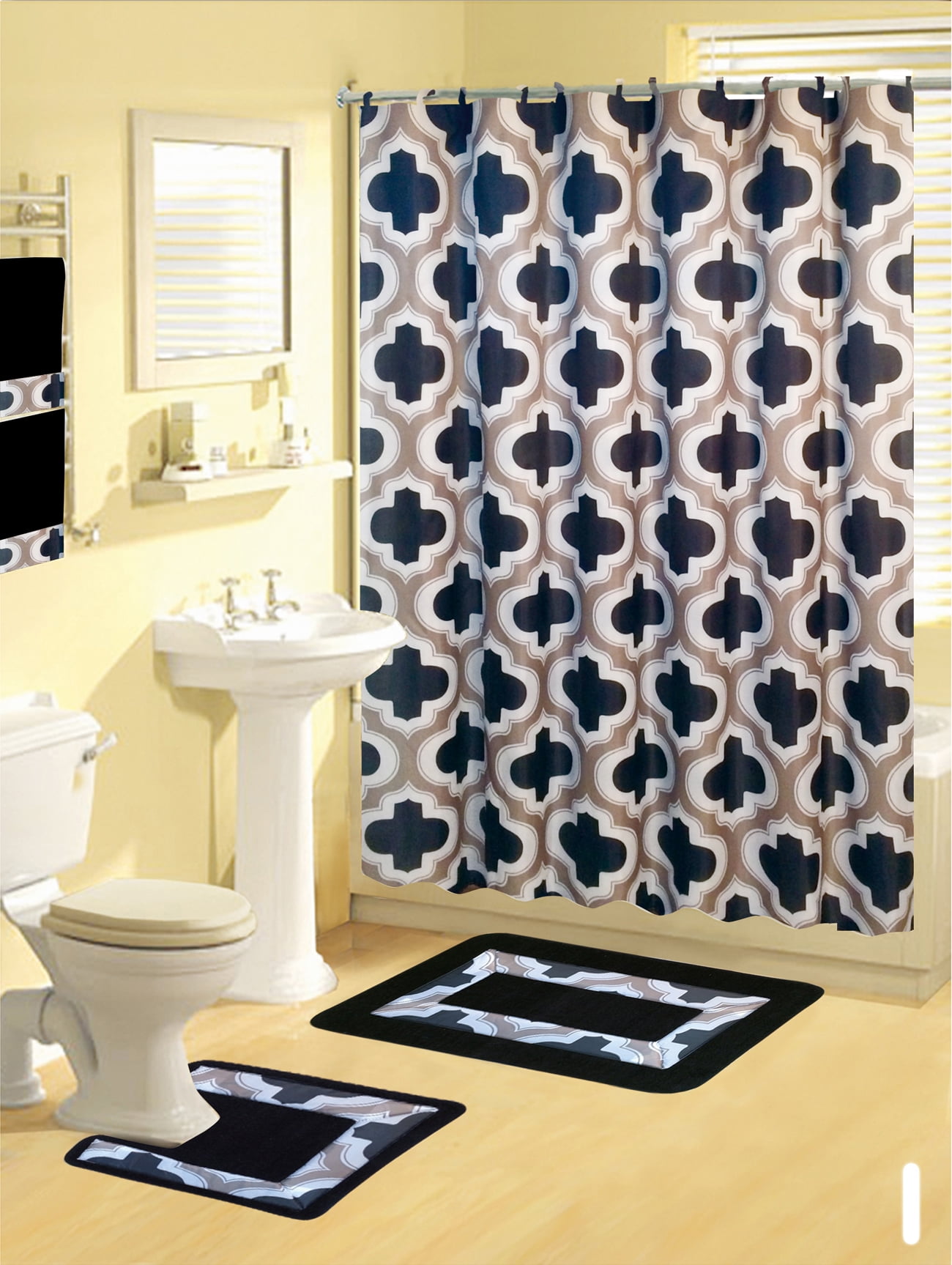 Lattice GrayBlack 17Piece Bath Rug Shower Curtain Set with Hooks & Towels