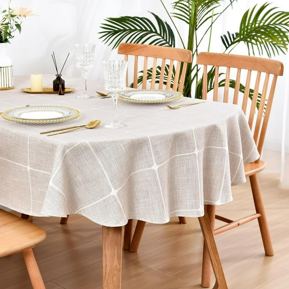 Lattice Oval Tablecloth 60 x 84 Inch Rustic Farmhouse Brown Checkered Table Cloth Cotton Linen Heavy Duty Fabric Embroidery Table Cover for Kitchen Dining Tabletop Decoration