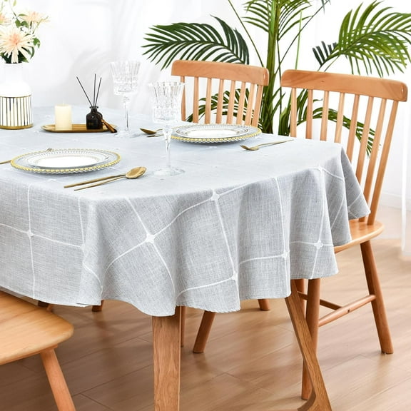 Lattice Oval Tablecloth 60 x 84 Inch Rustic Farmhouse Grey Checkered Table Cloth Cotton Linen Heavy Duty Fabric Embroidery Table Cover for Kitchen Dining Tabletop Decoration