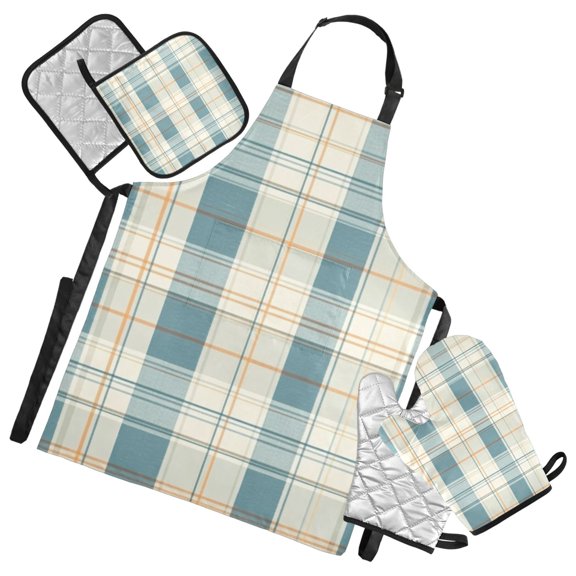 Lattice Seamless Pattern Oven Mitts and Pot Holders with Chef Apron Set 5 Pcs Kitchen Cooking Set