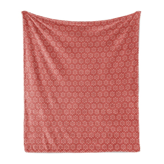 Lattice Soft Flannel Fleece Throw Blanket, Complex and Geometric Ornament Illustration with Abstract Floral Motifs, Cozy Plush for Indoor and Outdoor Use, 60" x 80", Vermilion and White, by Ambesonne