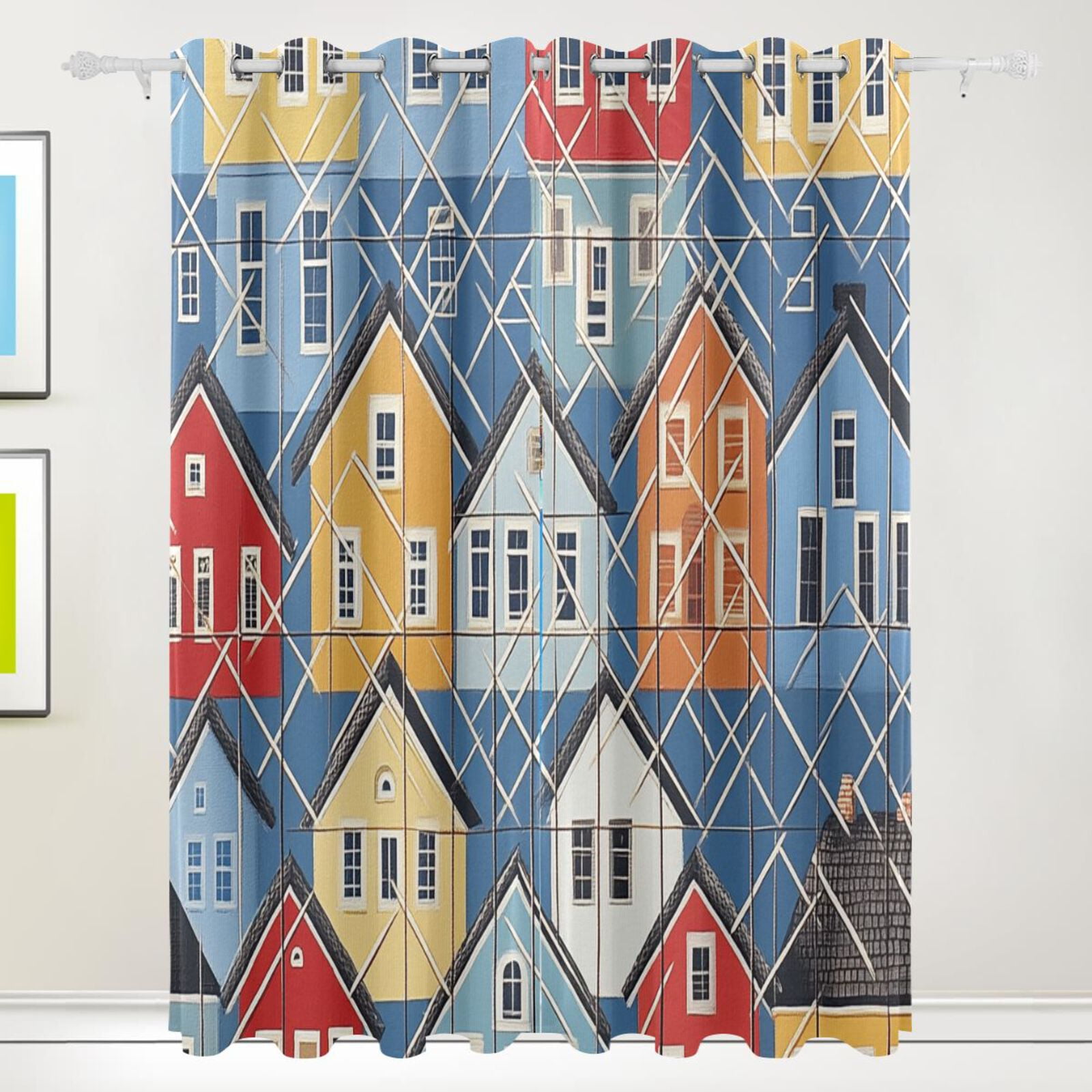 Lattice and Houses Black Out Curtains 72 Inch Length Curtains for Sliding Glass Doors Bedroom Living Room 2 Pack