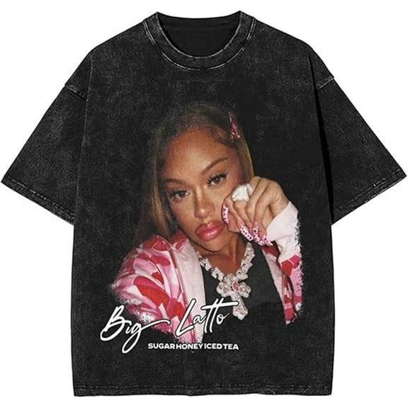 Latto Merch T-shirt Retro Washed Casual Short Sleeves Cool Printed Logo T-shirt