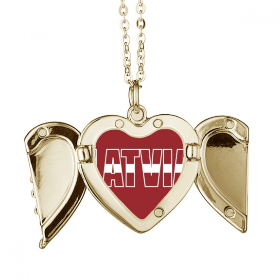 Latvia Country Flag Name Art Deco Fashion Folded Wings Peach Heart Pendant Necklace