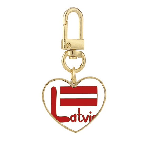 Latvia National Flag Red Pattern Gold Heart Keychain Metal Keyring Holder