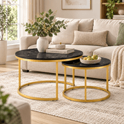 Round Coffee Table Set of 2, Black Gold Nesting Circle Side Tables Wooden Tops with Metal Ring Frames Center Tables for Living Room Bedroom Apartment