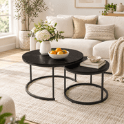 Round Coffee Table Set of 2, Black Nesting Circle Side Tables Wooden Tops with Metal Ring Frames Center Tables for Living Room Bedroom Apartment