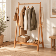 LauKingdom Solid Pine Wood Garment Rack, Foldable Freestanding Clothes Rack with Hanging Rod, Side Hooks and Storage Shelf, Space Saving Clothing Rack for Bedroom, Entryway