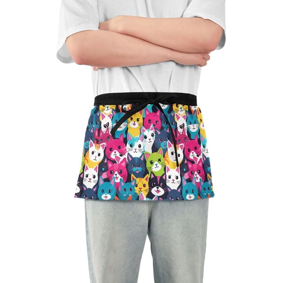 Laugh Cats Face Server Apron with 3 Pockets Waterproof Waitress Waist Short Apron for Man Woman 12 Inches