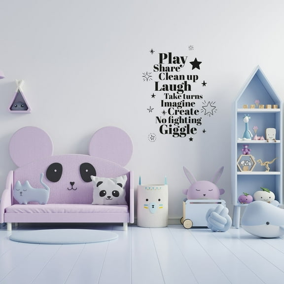 Laugh Clean Up Share Play Playroom Rules Play House Playmates Nursery Quotes Saying Wall Art Sticker Designs Vinyl Stickers For Home House Walls Rooms Window Bedroom Decoration Size (10x6 inch)