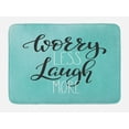 thumbnail image 1 of Laugh More Worry Less Bath Mat, Calligraphic Style Inspirational Phrase Pattern, Plush Bathroom Decor Mat with Non Slip Backing, 29.5" X 17.5", Pale Blue Charcoal Grey, by Ambesonne, 1 of 2