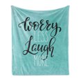 thumbnail image 1 of Laugh More Worry Less Soft Flannel Fleece Throw Blanket, Calligraphic Style Inspirational Phrase Pattern, Cozy Plush for Indoor and Outdoor Use, 50" x 70", Pale Blue Charcoal Grey, by Ambesonne, 1 of 5
