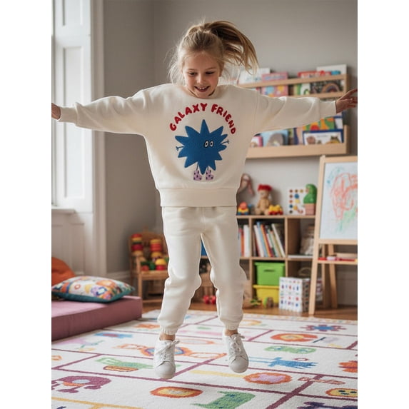 Laughing Child Soft Mink-Brushed Space-Themed Fuzzy Sweatshirt for Kids with Exposed Faux Fur Detail and Playful Alien Characters for Everyday Wear
