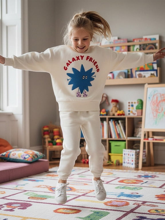 Soft Mink-Brushed Space-Themed Fuzzy Sweatshirt for Kids with Exposed Faux Fur Detail and Playful Alien Characters for Everyday Wear
