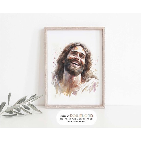 Laughing Christ Portrait Joyful Jesus Wall Art, Unframed Canvas 8x10in
