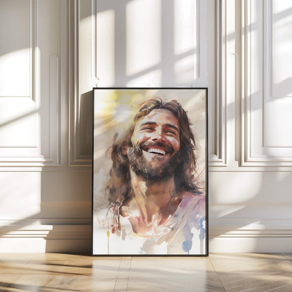 Laughing Christ Watercolor Style Portrait - Jesus Art Print UNFRAMED PAPER POSTER, Home Decor, Vintage Gift, Living Room Dercor