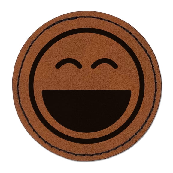 Laughing Happy Face Big Smile Mouth Emoticon 2.5" Faux Leather Round Engraved Iron-On Patch - Brown