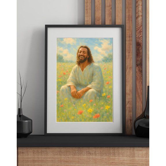 Laughing Jesus Portrait Christian Field Scene Decor Wall Art