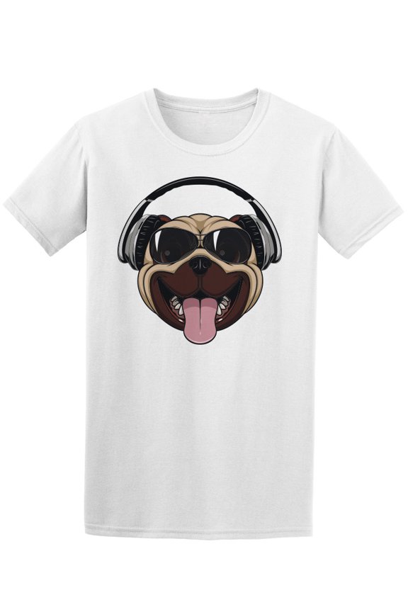 Laughing Pug With Headphones On Tee Men's -Image by Shutterstock