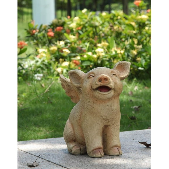 Laughing Sitting Pig W/Wings Garden Statue Home Decor Farm Animal In/Outdoor