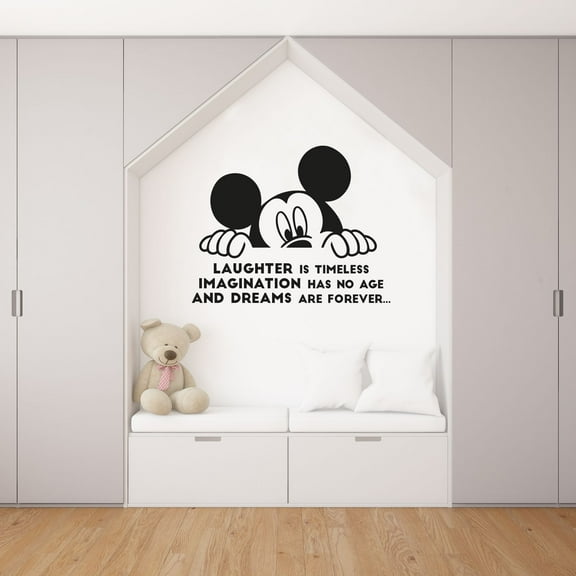 Laughter Is Timeless Imagination Has No Age And Dreams Are Forever - Cute Mickey Mouse Head Quote Vinyl Wall Art Sticker Wall Decal Home Decoration Design Kids Girls Room Wall Décor Size (20x20 inch)