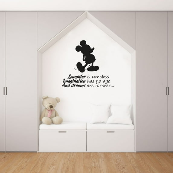 Laughter Is Timeless Imagination Has No Age And Dreams Are Forever - Mickey Mouse Silhouette Quote Vinyl Wall Art Sticker Wall Decal Home Decoration Design Kids Girls Room Wall Décor Size (30x30 inch)