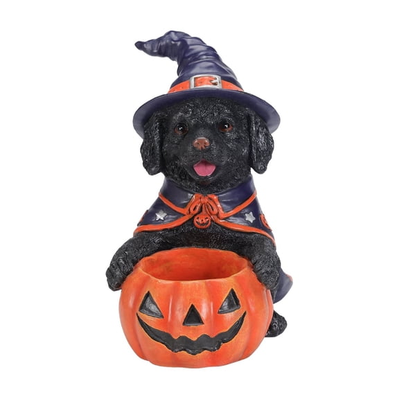 Laukingdom Halloween Black Labrador Retriever Witch Puppy Figurine, Cute Dog Holding Pumpkin Candy Bowl Decoration