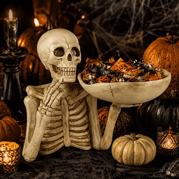 Laukingdom Halloween Skull Tray with Bowl Skeleton Decorative Figurine Catchall Holder for Indoor Outdoor Gothic Home Decor, Aged Bone