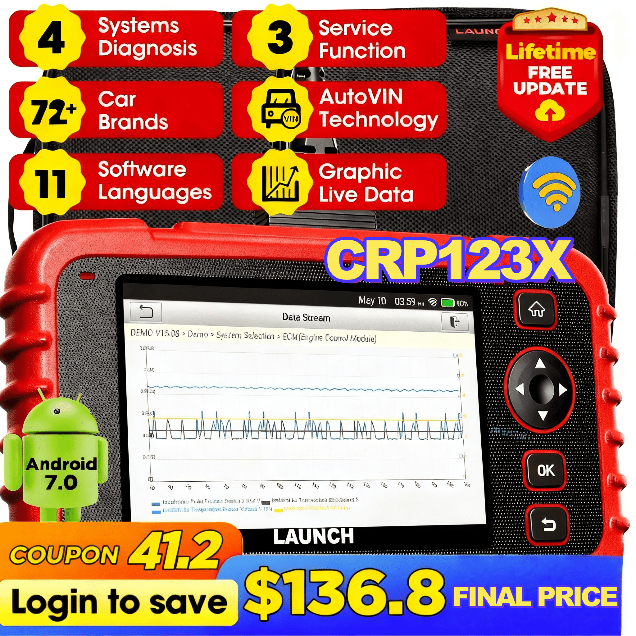 Free Shipping! LAUNCH CRP123X Elite OBD2 Scanner Car Diagnostic