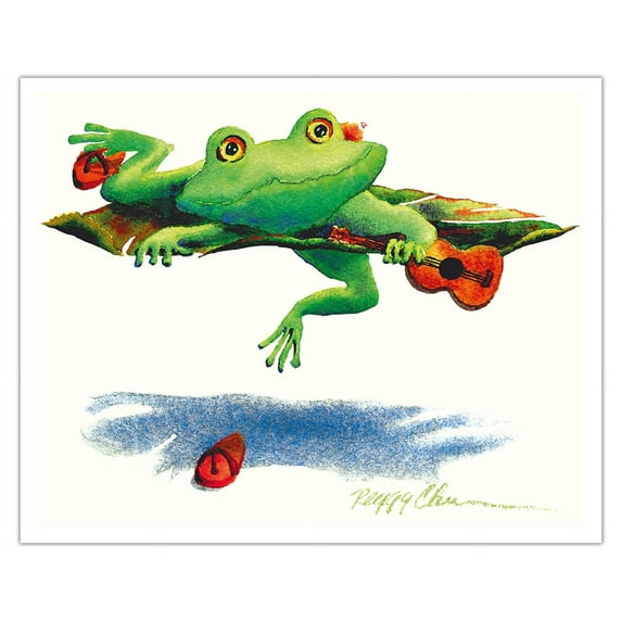 Launch Pad - Hawaiian Frog (Poloka) with Ukulele - From an Original Hawaii Watercolor Painting by Peggy Chun - Fine Art Matte Paper Print (Unframed) 16x20in
