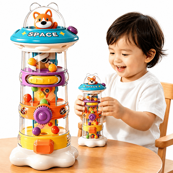 Launch Tower for Toddlers, Fine Motor Skills Toy with Spinning Controls, Cause-and-Effect Play, Developmental Toy, Hand-Eye Coordination, Color Recognition, Early Education for Ages 18M+
