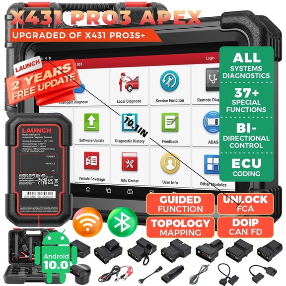 Launch X431 PRO3 APEX Wireless Car Diagnostic Scanner All-System Diagnostics Online Coding, Topology Map, CAN FD & DoIP, HD Truck Scan, 37+ Services, IMMO,10.1 Inch