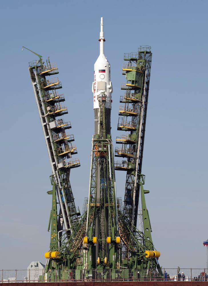 Launch scaffolding is raised into place around the Soyuz rocket Canvas Art - Stocktrek Images (24 x 33)