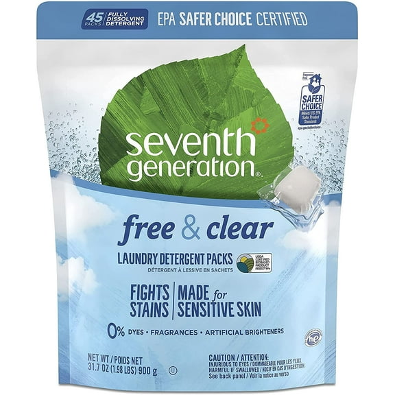 Laundary Detergent Packs, Built in Fabric Softner Enzymes, Free & Clear, Plant Derived, Fight Stains, No Dyes, For Sensitive Skin, Pack of 5, 45 Count Per Pack, 31.7 FL OZ Per Pack,