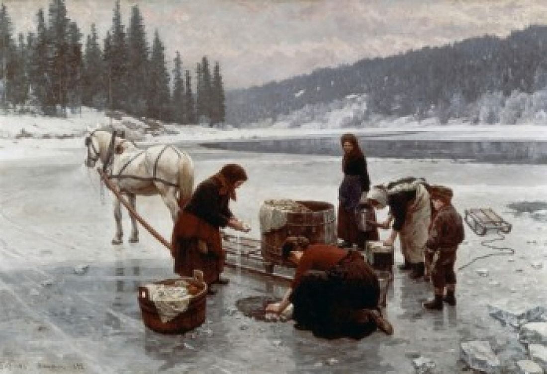 Laundering A Winters Day Jahn Ekenaes (b1847 d1920 Norwegian) Canvas Art - Jahn Ekenaes (18 x 24)