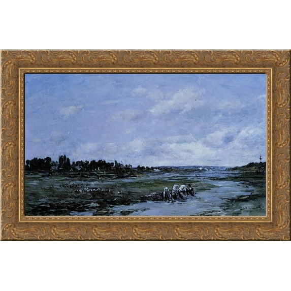 Laundresses on the Banks of the river 24x18 Gold Ornate Wood Framed Canvas Art by Eugene Boudin