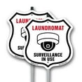 thumbnail image 1 of Laundromat Surveillance in Use (2 Pack) 12 inch X 12 inch Shield Shaped Rust-Free Aluminum Metal Signs with Aluminum Mounting Stakes Weather Resistant Made in the USA, 1 of 8