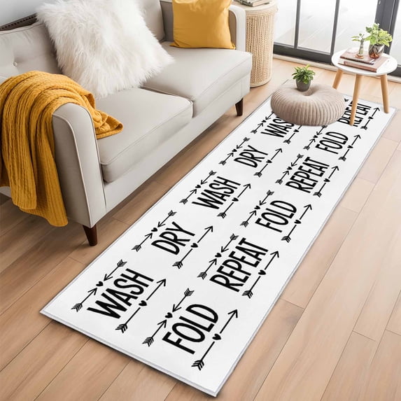 Laundry 2'x6' Runner Rugs for Hallway Kitchen Bedside Non Slip Washable, Black Words Funny Wash Dry Fold Minimalist Entryway Rug Runners with Rubber Backing, Long Carpet Runner for Laundry Room