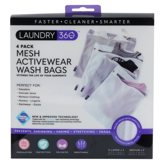 Laundry 360 4 Pack Active Wear Wash Bag Set, 16" x 19" and 12" x 15", White, Grey