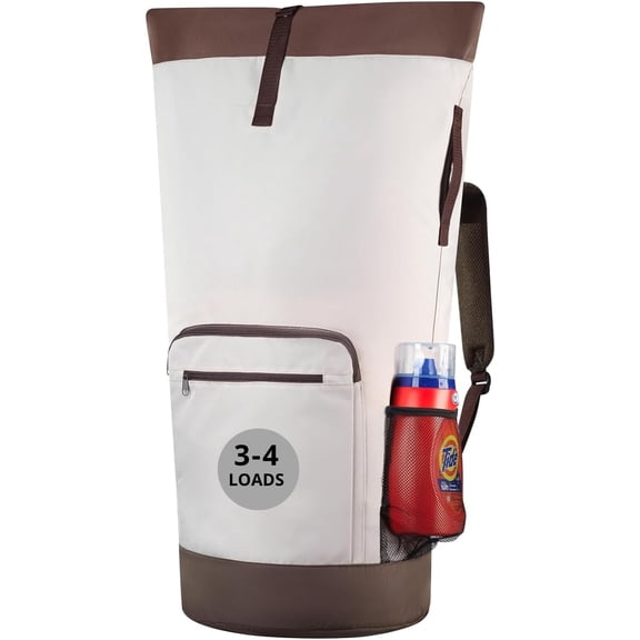 Laundry Backpack - XL Heavy Duty Laundry Bag Holds 3-4 Loads - Adjustable Straps, Drawstring Closure, Pockets & Handles - Durable Hamper for College, Travel & Laundromat - Beige