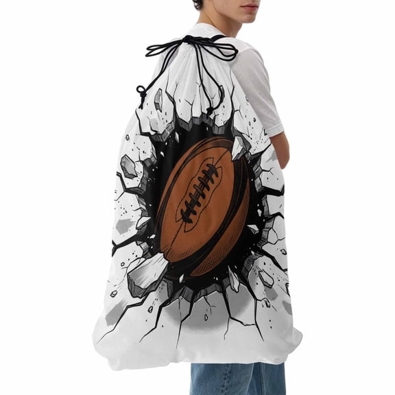 Laundry Bag 3D Brown Rugby Mesh Wash Bags Dirty Clothes Organizer with Drawstring Washing Machine Packable Storage Bag Football Break through Wall Travel Laundry Bags for Delicates College Dorm