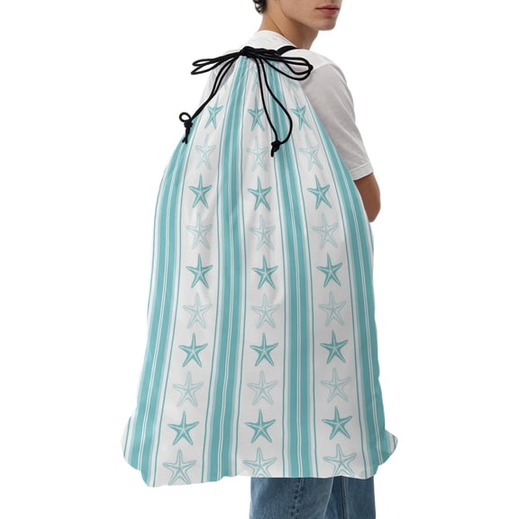 Laundry Bag Aqua Coastal Starfish Mesh Wash Bags Dirty Clothes Organizer with Drawstring Washing Machine Packable Storage Bag Nautical Vertical Stripes Travel Laundry Bags for Delicates College Dorm
