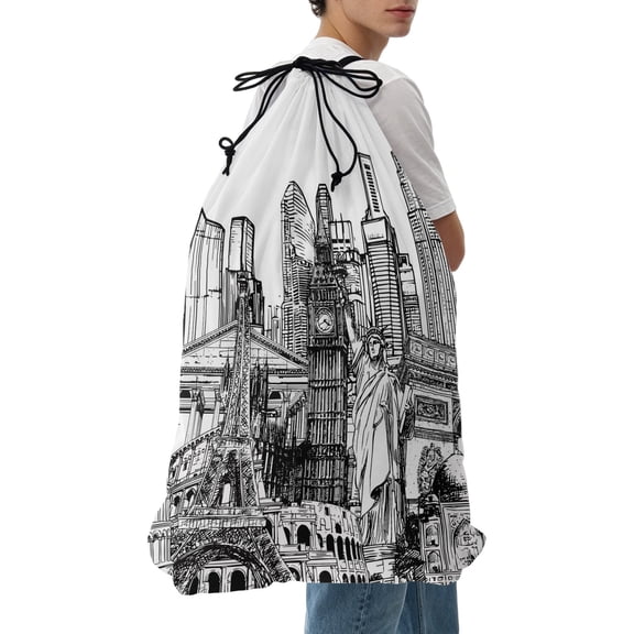 Laundry Bag Architecture Landscape Mesh Wash Bags Dirty Clothes Organizer with Drawstring Washing Machine Packable Storage Bag Modern City Landmarks Travel Laundry Bags for Delicates College Dorm