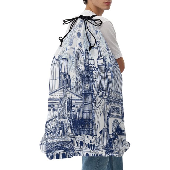 Laundry Bag Architecture Landscape Mesh Wash Bags Dirty Clothes Organizer with Drawstring Washing Machine Packable Storage Bag Navy Blue Historic Landmarks Travel Laundry Bags for Delicates Dorm