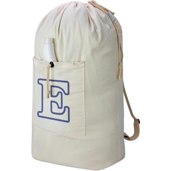 Laundry Bag Backpack, Personalized Initial Design Canvas Laundry Bag with Straps & Drawstring Closure Dirty Cloth Hamper Bag for College, Travel, Laundromat, Camping (Letter E)