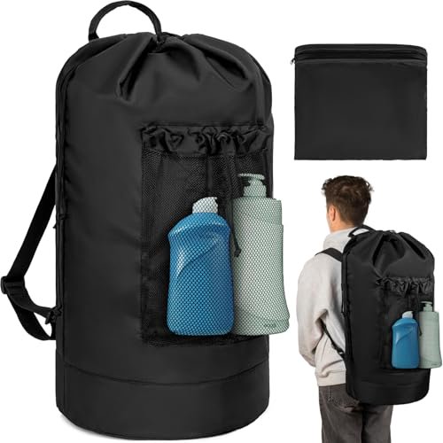 Laundry Bag Backpack with Shoulder Straps and Mesh Pocket Foldable Laundry Hamper for College,Apartment,Laundromat (Black)