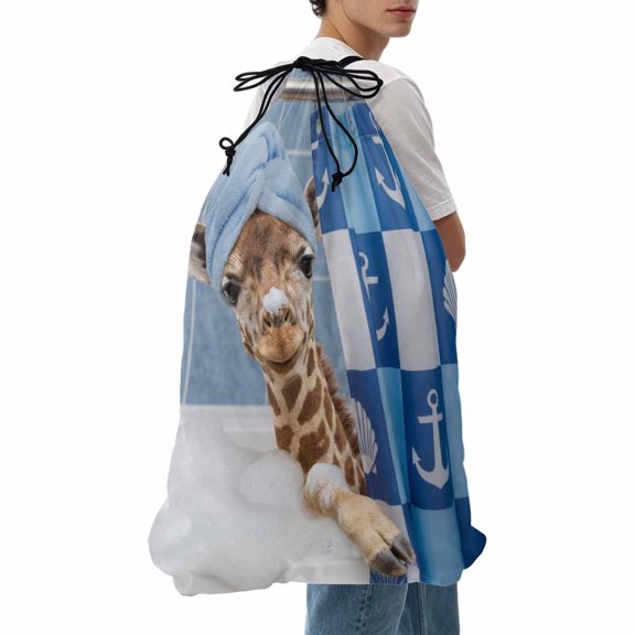 Laundry Bag Bathing Giraffe Mesh Wash Bags Dirty Clothes Organizer with Drawstring Washing Machine Packable Storage Bag Funny Animal Showering Travel Laundry Bags for Delicates College Dorm