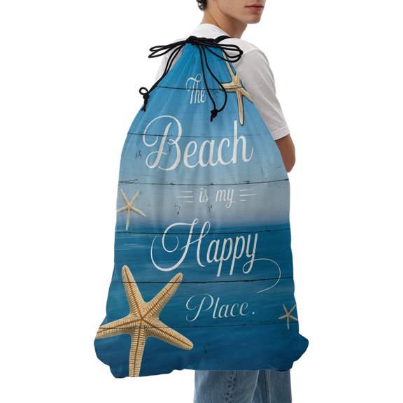 Laundry Bag The Beach Is My Happy Place Mesh Wash Bags Dirty Clothes Organizer with Drawstring Washing Machine Packable Storage Bag Ocean Starfish Blue Wood Travel Laundry Bags for Delicates Dorm
