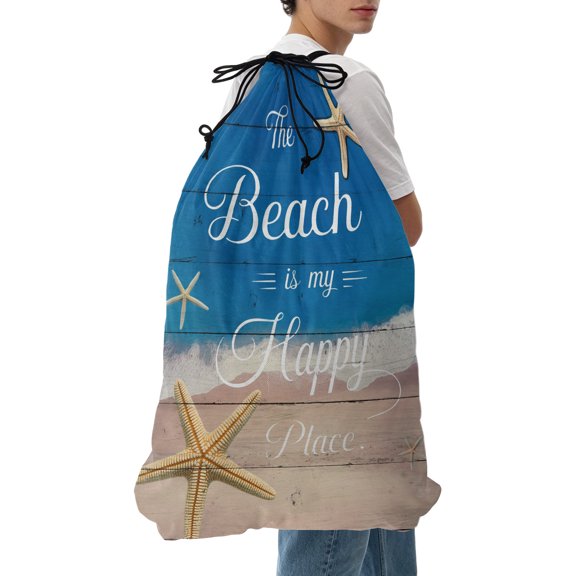 Laundry Bag The Beach Is My Happy Place Mesh Wash Bags Dirty Clothes Organizer with Drawstring Washing Machine Packable Storage Bag Summer Ocean Starfish Travel Laundry Bags for Delicates Dorm