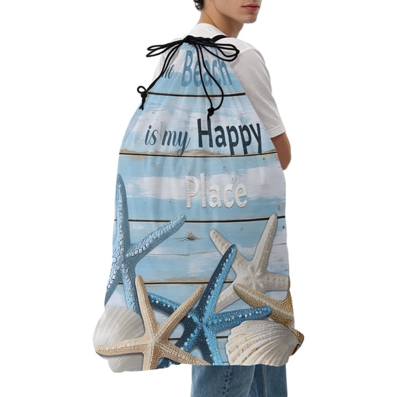 Laundry Bag The Beach Is My Happy Place Mesh Wash Bags Dirty Clothes Organizer with Drawstring Washing Machine Packable Storage Bag Wood Stripes Travel Laundry Bags for Delicates College Dorm